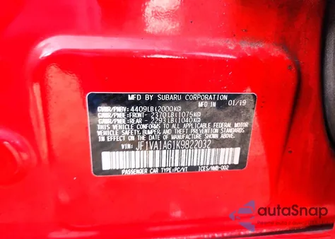 2019 Subaru Wrx z USA, uszkodzony, nr VIN JF1VA1A61K9822032